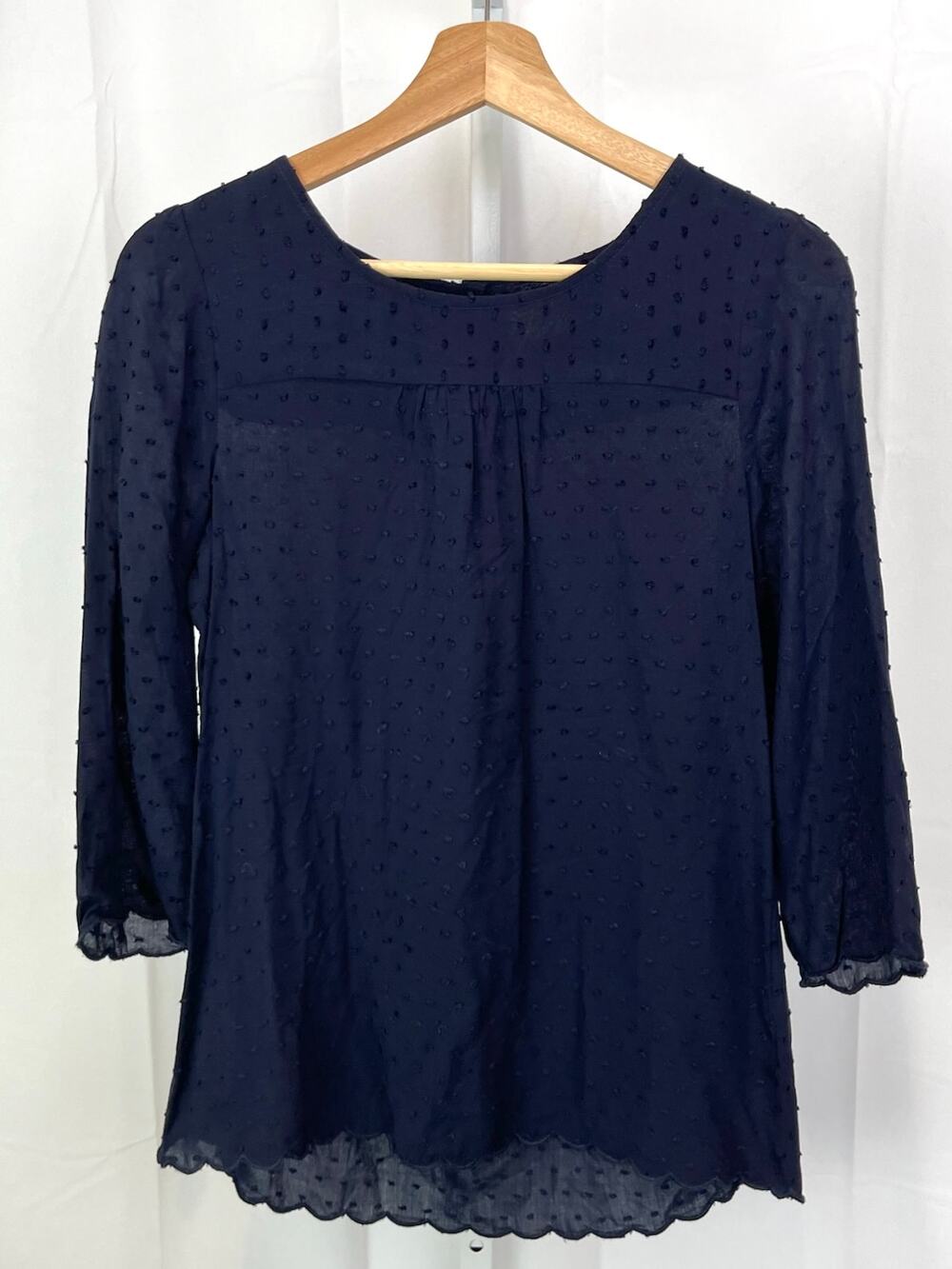 MAEVE Anthropologie Size 2 Swiss Dot Blouse 3/4 Sleeve Top Navy Blue